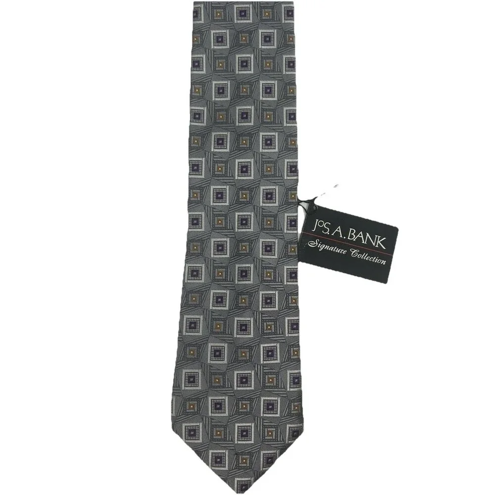 Jos A Bank Signature Collection Silk‎ Tie Gray Purple Gold Geometric 58